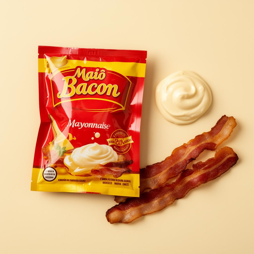 Sachê de MaiôBacon ao lado de fatias de bacon e creme de maionese